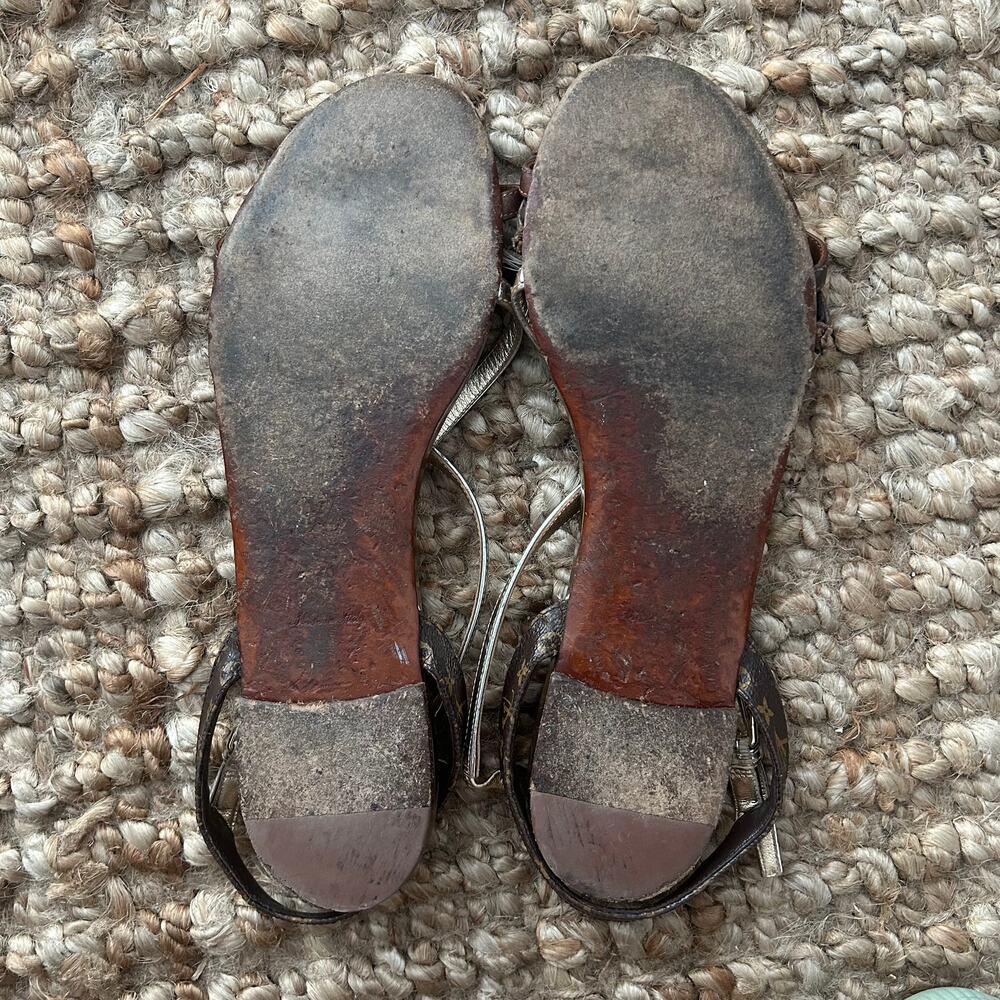 Louis Vuitton Sandals 41/US11 Brown Gold Monogram Strappy READ Repair Project - Picture 11 of 16